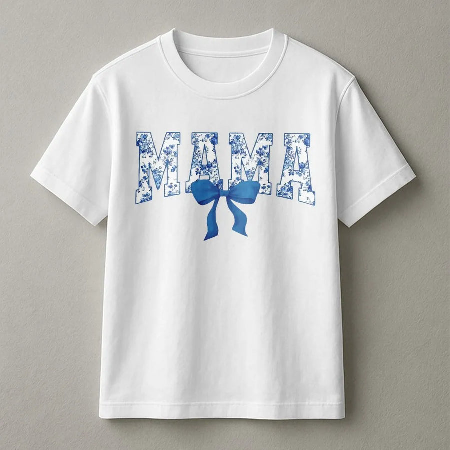Mama T-Shirt with Blue Coquette Bow | Floral Lettering Graphic Tee | Premium Soft Cotton | Mother's Day 2026 Gift for Mom, New Mom or Grandma