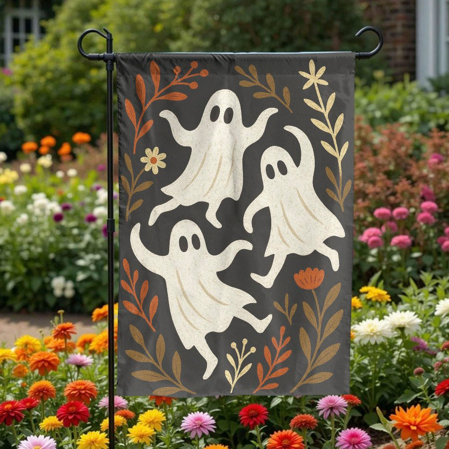 Dancing Ghost Garden Flag | Spooky Floral Halloween Yard Decor | Premium Weather-Resistant Polyester | Cute Fall Porch Decoration for Home