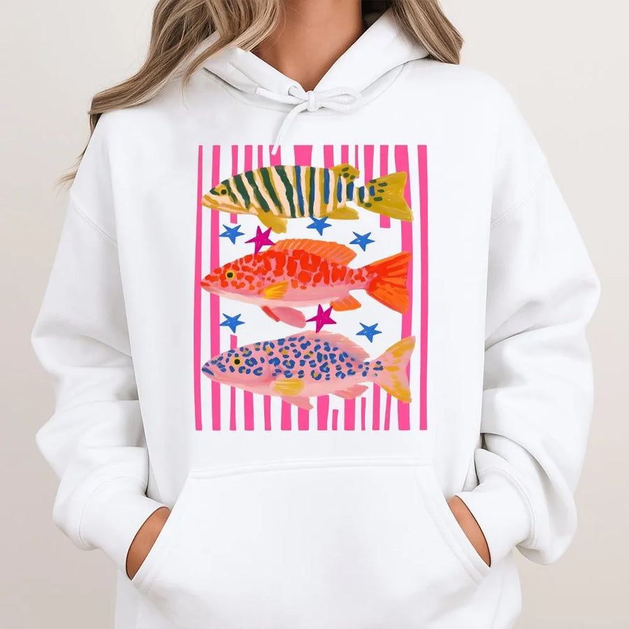 Preppy Fish Hoodie | Colorful Maximalist Coastal Graphic Print | Soft Cotton-Blend Pullover | Fishing Trip Gift for Her