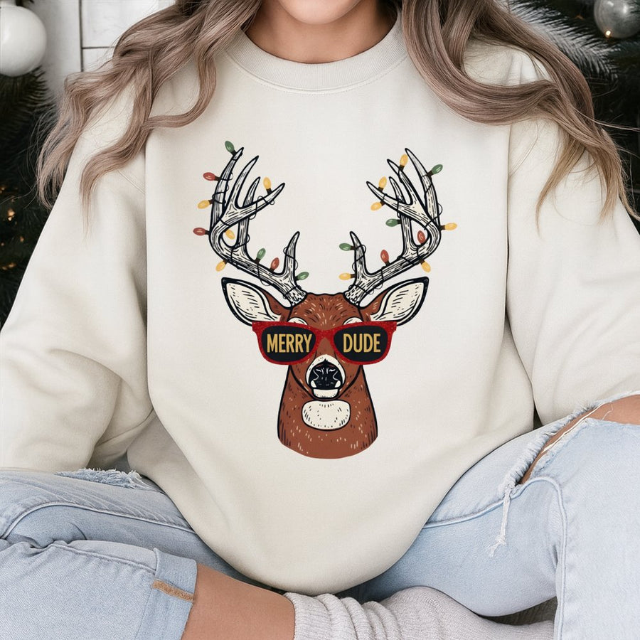 Merry Dude Reindeer Sweatshirt | Funny Christmas Deer Graphic | Premium Cotton Blend Unisex Pullover | Holiday Gift For Hunters And Dads