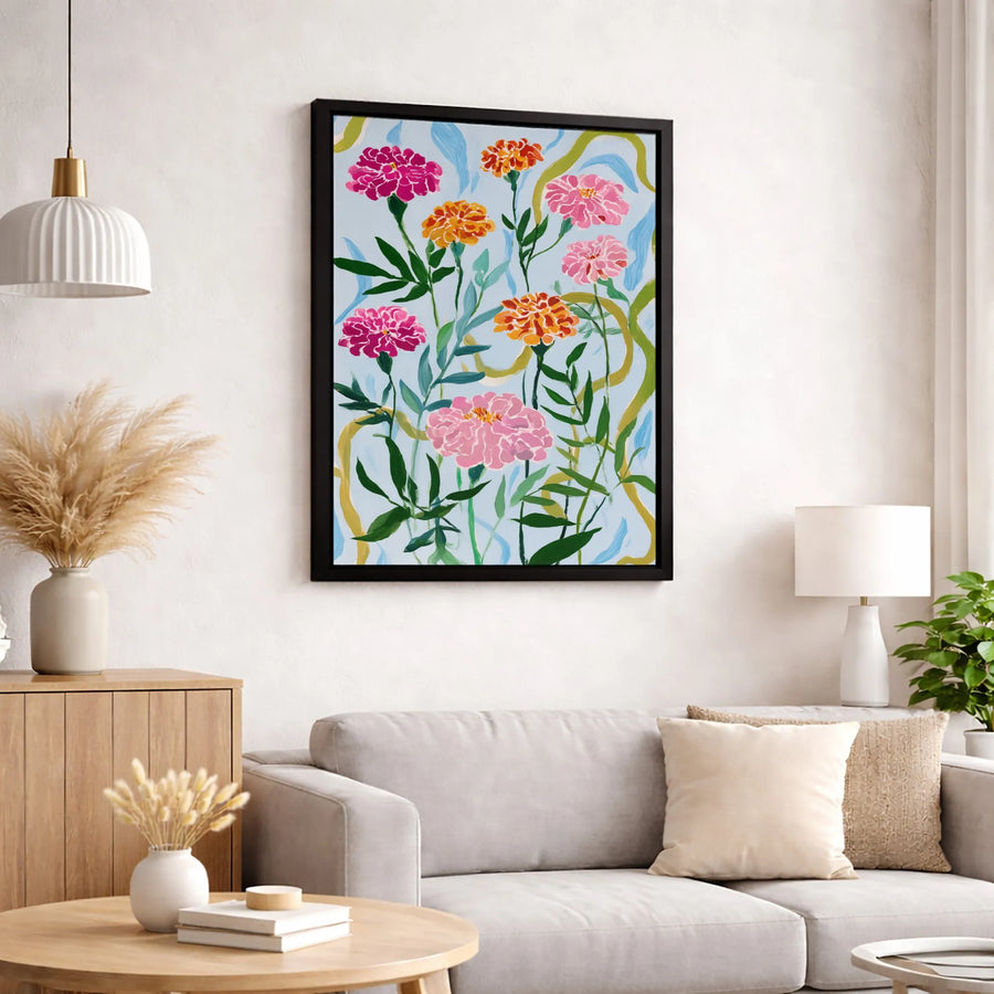 Floral Canvas Wall Art | Vibrant Marigold and Zinnia Botanical Painting | Premium Gallery-Wrapped Print | Modern Home Decor Gift for Plant Lovers
