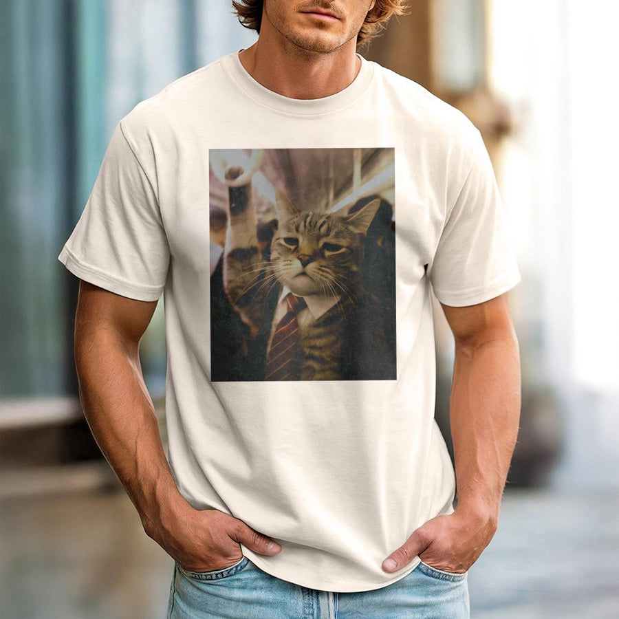 Funny Cat Commuter T-Shirt | Office Worker Tabby Graphic | 100% Cotton Premium Quality | Whimsical Animal Lover Gift Tee