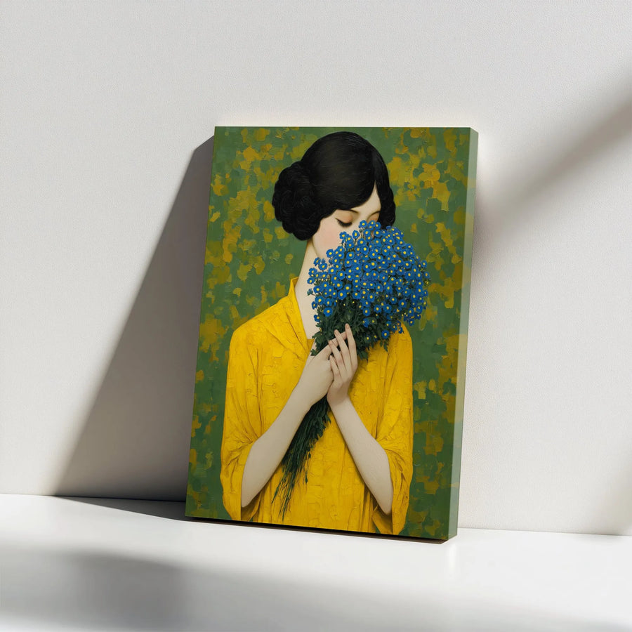 Woman with Flowers Canvas Print | Impressionist Portrait Painting with Blue Bouquet | Premium Gallery Wrapped Wall Art | Living Room & Bedroom Decor Gift