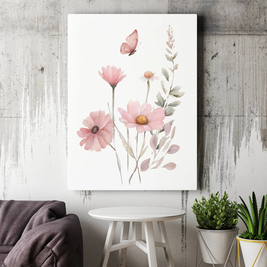 Watercolor Floral Canvas Print | Pink Butterfly & Wildflower Art | Premium Gallery Wrapped Canvas | Minimalist Botanical Home Decor Gift