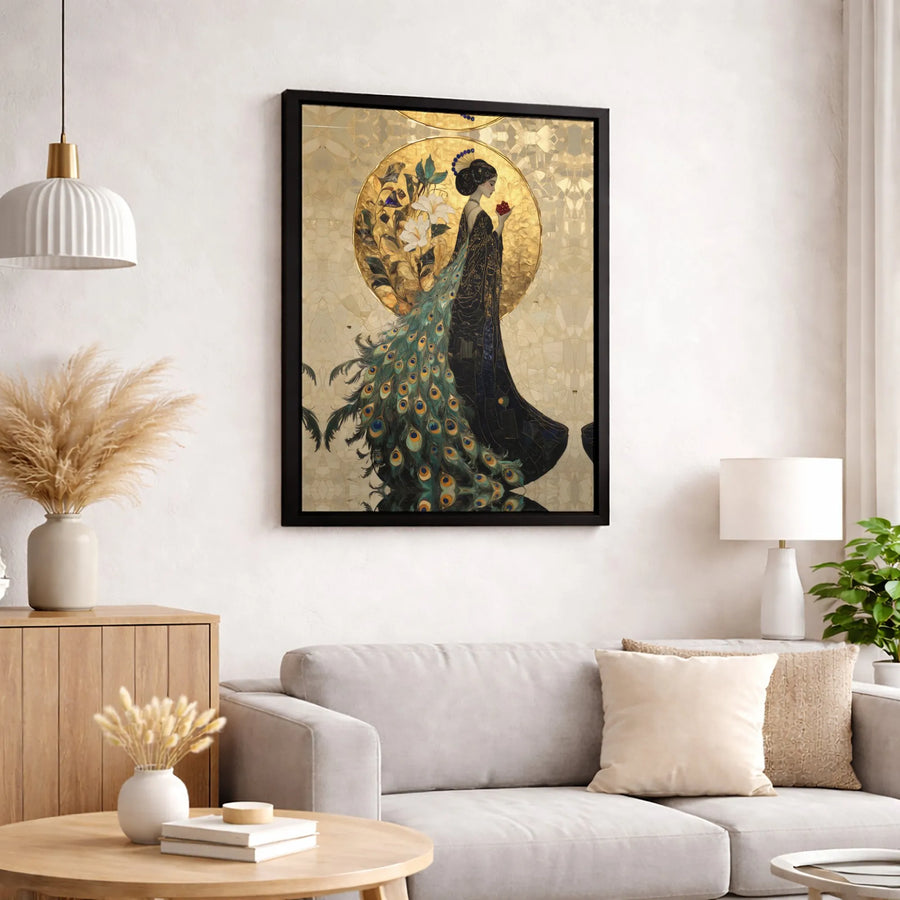 Art Nouveau Woman With Peacock Dress Canvas | Gold Halo Floral Wall Art | Gallery-Quality 1.25-Inch Profile | Premium Home Decor Gift
