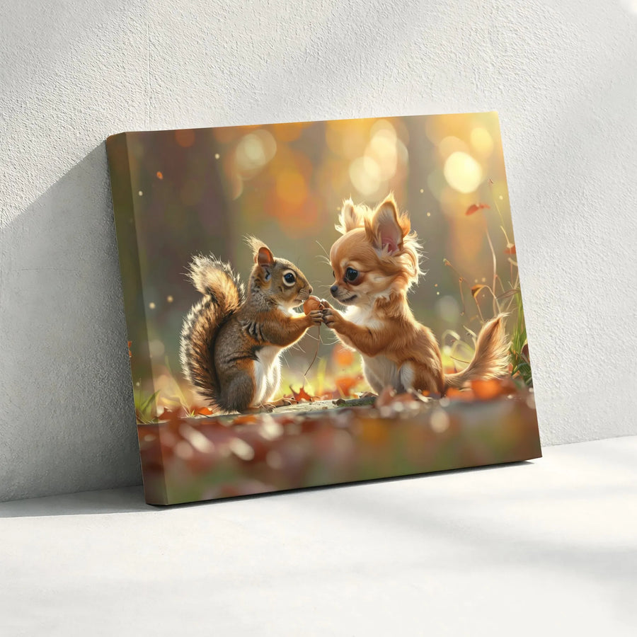 Chihuahua and Squirrel Canvas Wall Art | Whimsical Autumn Forest Friends Print | Premium Gallery Wrapped Canvas | Nursery Decor Gift for Dog Lover