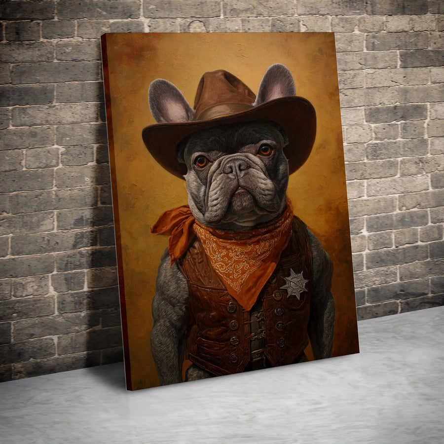 Cowboy French Bulldog Canvas | Vintage Western Sheriff Dog Portrait | Premium Gallery Wrapped Wall Art | Collector's Gift for Frenchie Owner