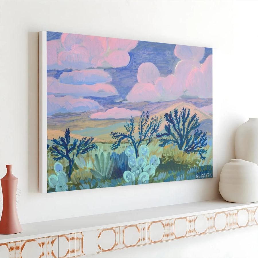 Texas Desert Sunset Canvas Wall Art | Painterly Landscape Print with Pink Sky | Premium Fade-Resistant Canvas | Southwestern Home Decor Gift