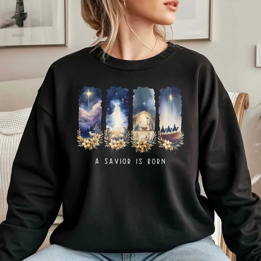 Nativity Scene Sweatshirt | A Savior Is Born Watercolor Art | Premium Soft Fleece Crewneck | Christian Christmas Gift for Women and Men