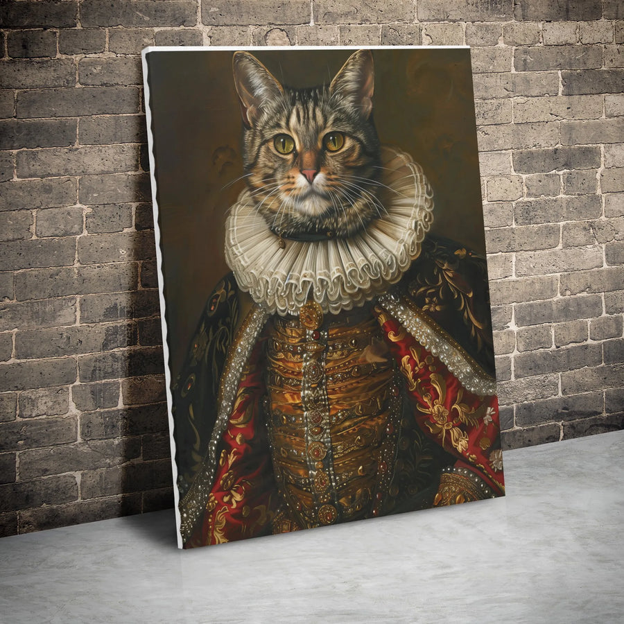Regal Cat Portrait Canvas Wall Art | Renaissance Noble Tabby Cat in Period Costume | Premium Gallery Wrap Decor | Unique Pet Lover Gift