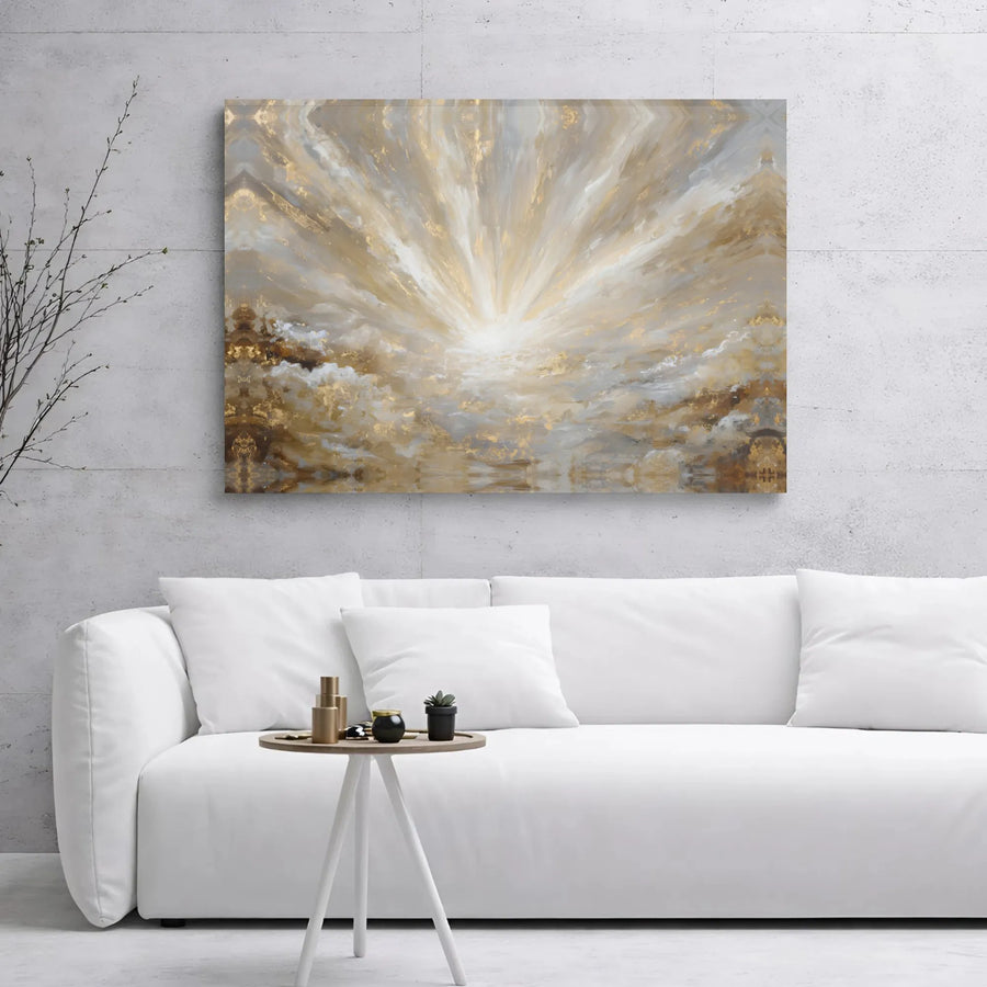 Abstract Gold Leaf Wall Art | Radiant Sunburst Clouds Canvas Print | Premium Gallery Wrap Decor | Modern Living Room Home Gift