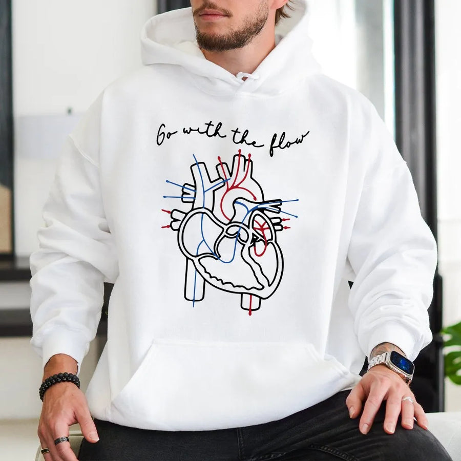 Anatomical Heart Hoodie | Go With The Flow Cardiology Graphic | Soft Cotton Blend Sweatshirt | Gift for Nurse or Med Student