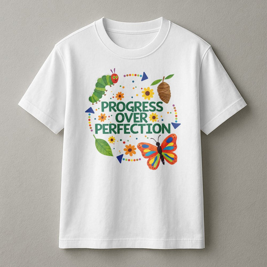 Progress Over Perfection T-Shirt | Caterpillar Butterfly Growth Graphic | Soft Cotton Teacher Gift | Inspirational Back To School Apparel