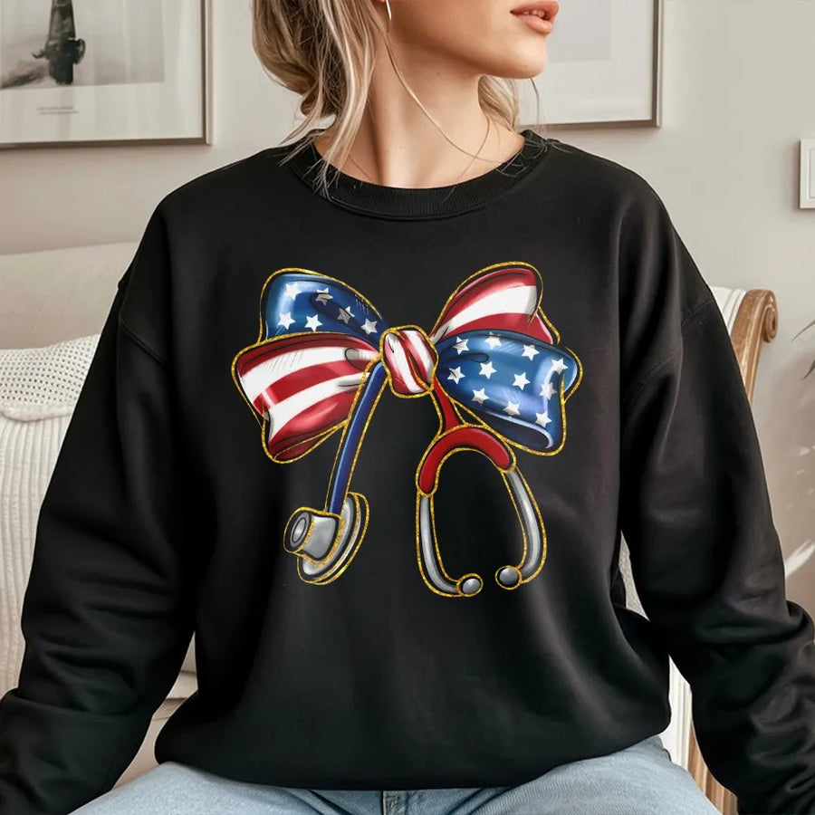 Patriotic Nurse Sweatshirt | Coquette Stethoscope American Flag Bow | Premium Cotton Blend | 4th of July Gift for RN