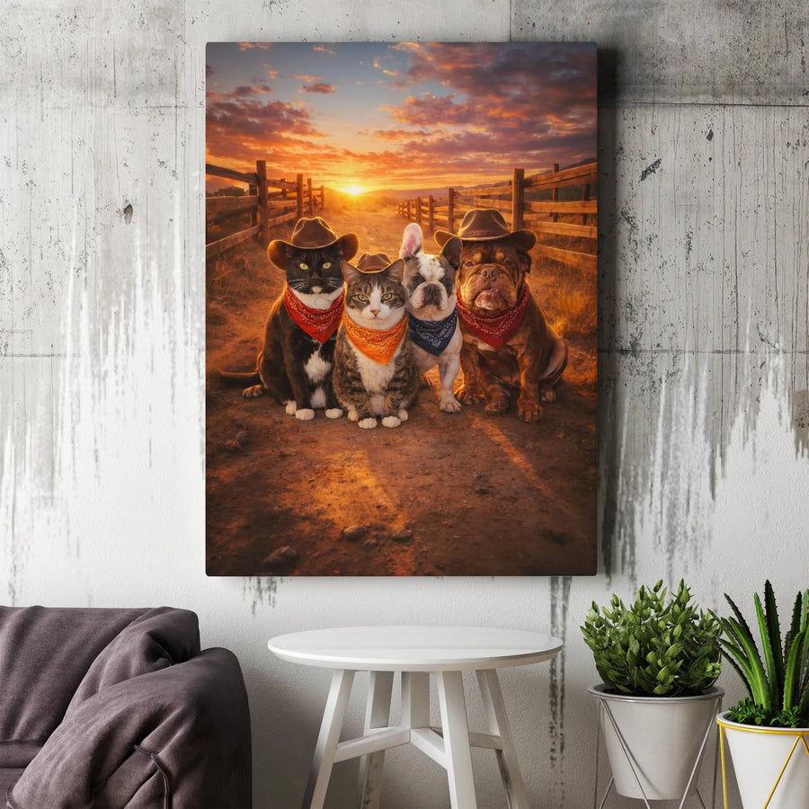 Cowboy Pets Canvas Print | Funny Cat and Dog Posse Portrait | Premium Matte Canvas | Gift for Pet Lovers & Country Home Decor