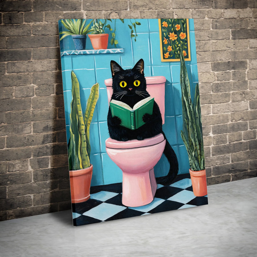 Black Cat Reading Book On Toilet | Funny Bathroom Wall Art | Premium Gallery Canvas | Quirky Home Decor Gift for Cat Lovers