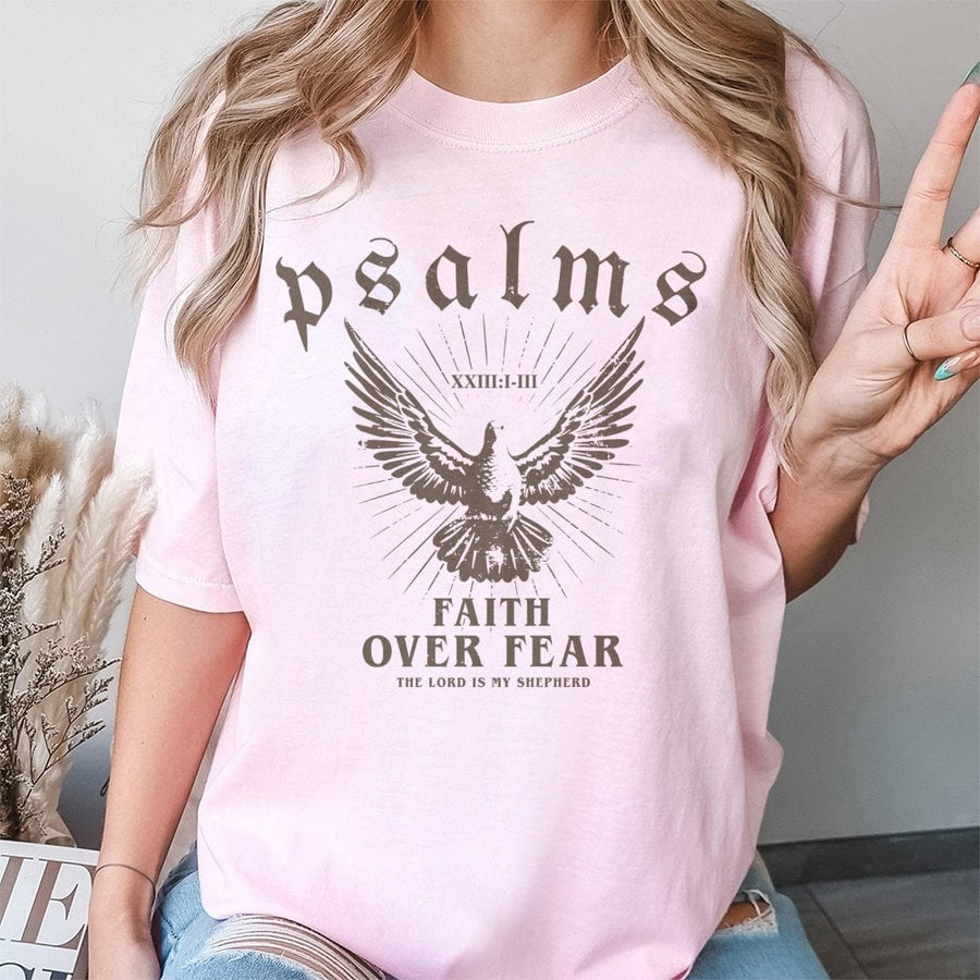 Faith Over Fear T-Shirt | Christian Dove Graphic Psalms 23 Design | Premium 100% Cotton Tee | Inspirational Religious Gift for Men and Women