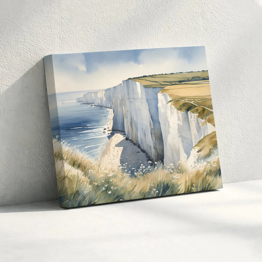 White Cliffs of Dover Canvas Print | Watercolor Seascape Painting | Premium Gallery Wrap Canvas | Coastal Living Room Decor Gift