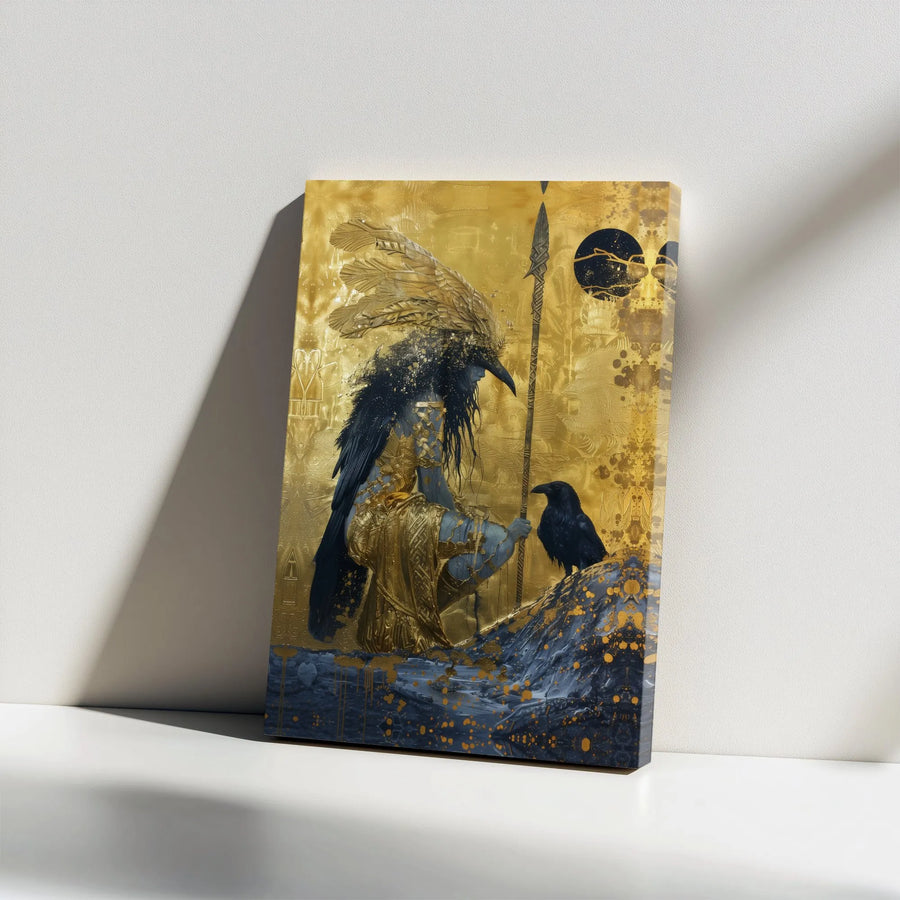 Golden Raven Warrior Canvas Wall Art | Mythological Fantasy God with Spear | Premium Gallery Wrap Decor | Ready-to-Hang Gift for Fantasy Lovers