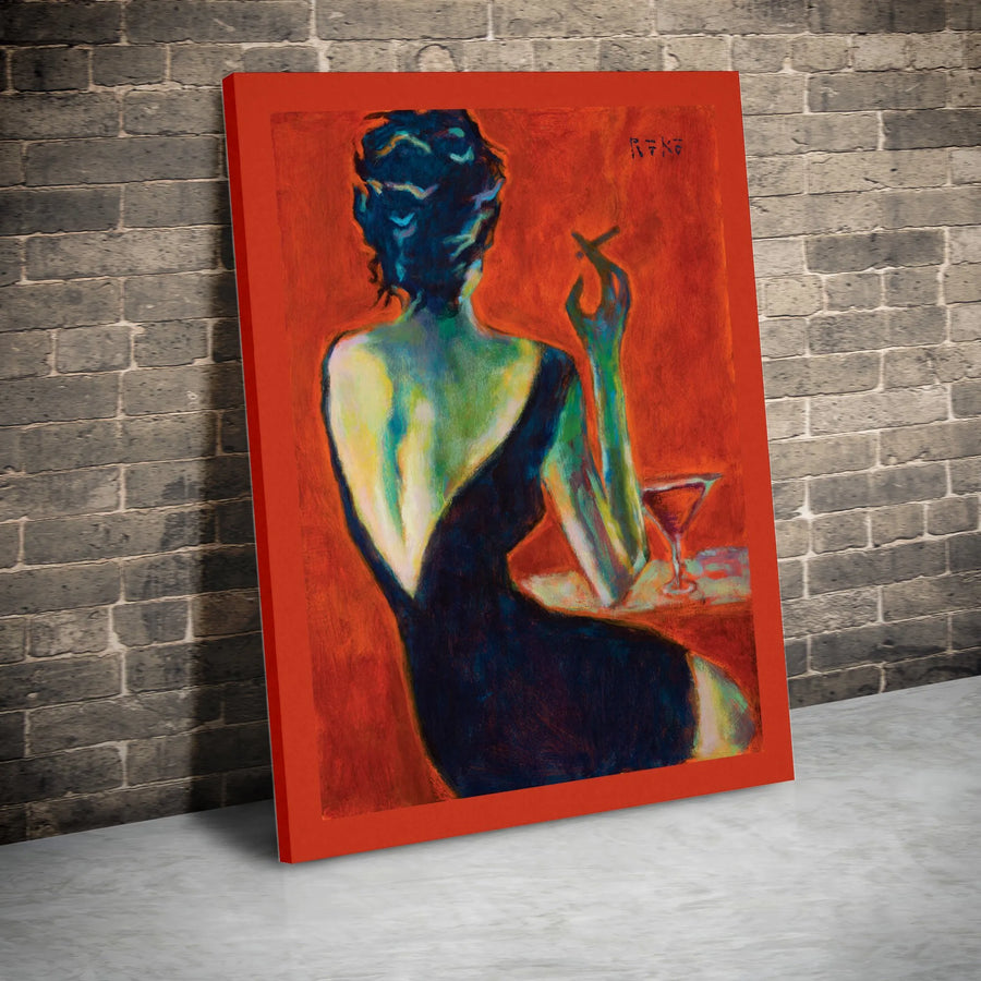 Woman in Black Dress Canvas Wall Art | Martini and Cigarette Impressionist Painting | Premium Gallery Wrapped Decor | Sophisticated Home Gift for Her