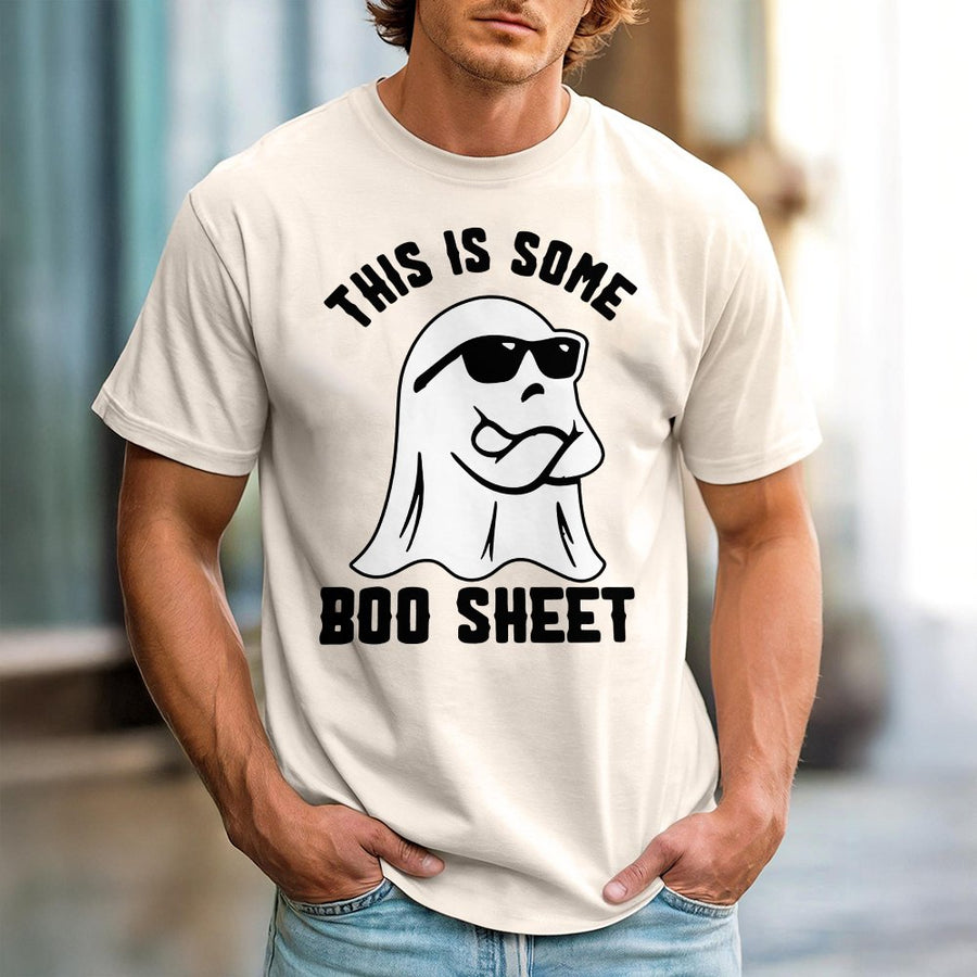 This Is Some Boo Sheet T-Shirt | Funny Ghost Wearing Sunglasses Graphic | 100% Cotton Premium Unisex Tee | Cute Halloween Party Apparel Gift