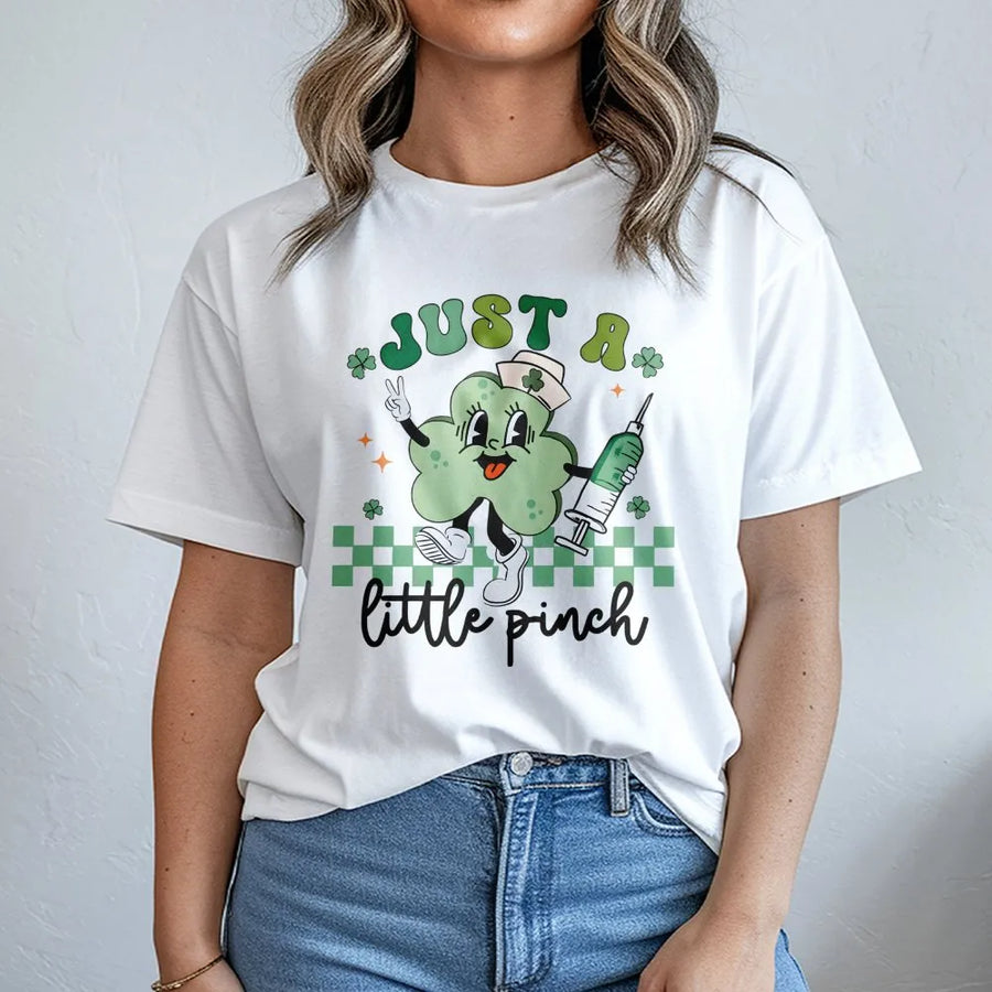 St Patrick's Day Nurse T-Shirt | Just A Little Pinch Shamrock Design | Soft Premium Cotton Tee | Funny RN Gift For Nursing Students & Staff