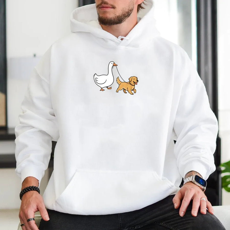 Silly Goose Golden Retriever Hoodie | Funny Goose Walking Dog Graphic | Premium Cotton Blend | Gift for Dog Lover