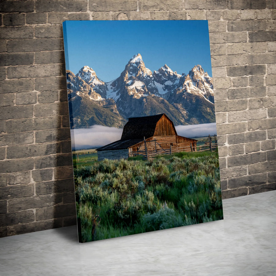 Grand Teton Canvas Print | Moulton Barn Sunrise Landscape Art | Premium Gallery Wrap Wall Decor | Mountain Scenic Nature Gift for Home Office