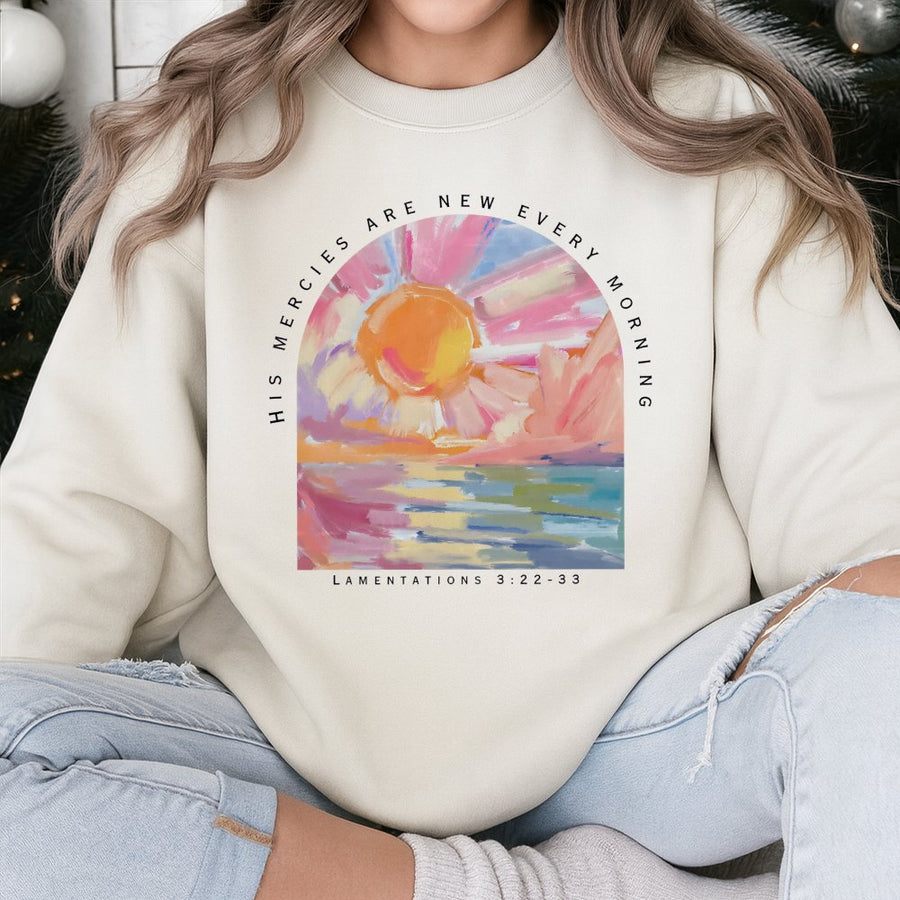 His Mercies Are New Every Morning Sweatshirt | Aesthetic Sunset Bible Verse Design | Premium Cotton Blend | Christian Gift For Women Faith Apparel