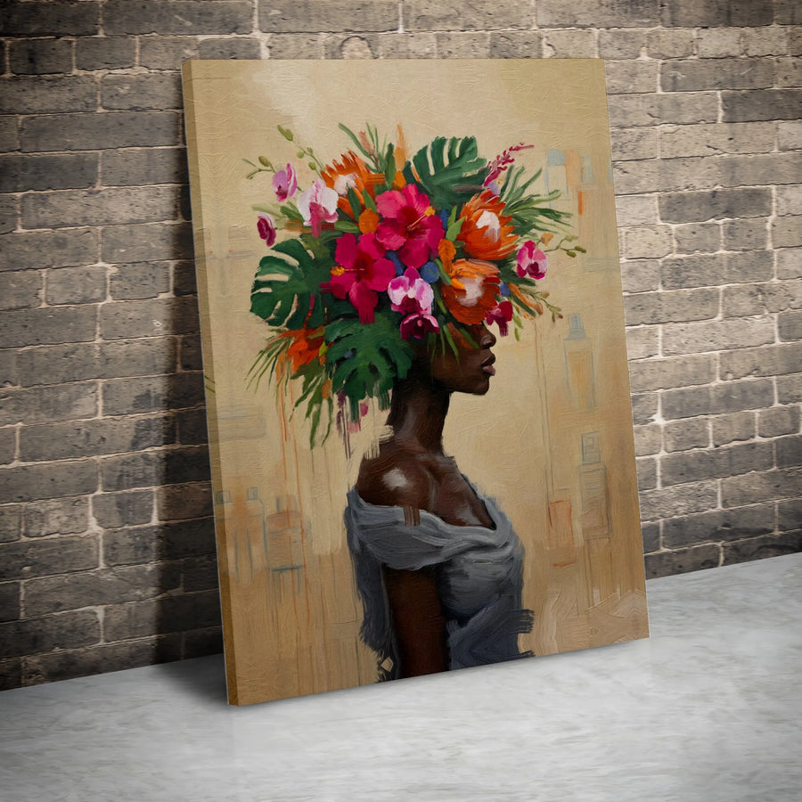 Black Woman Canvas Print | Tropical Flower Headdress Oil Painting Art | Premium Gallery Wrapped Decor | Modern Afrocentric Home Gift