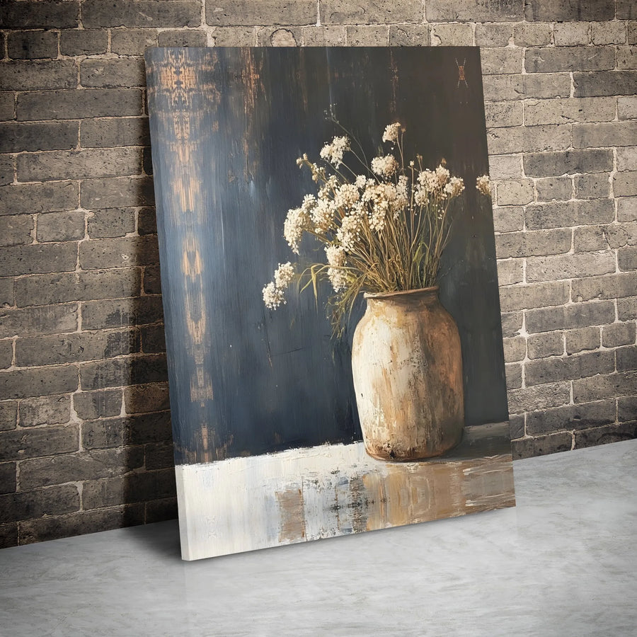 Rustic Still Life Canvas Wall Art | White Wildflowers In Clay Vase | Premium Gallery Wrap Print | Farmhouse Home Decor Gift