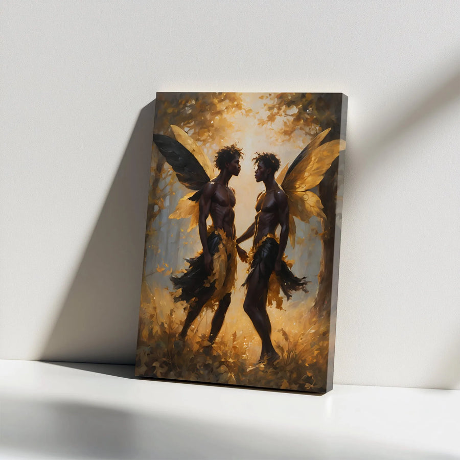 Black Male Fairy Wall Art | Ethereal Fantasy Forest Couple Canvas | Premium Gallery Wrap Print | LGBTQ Pride Home Decor Gift