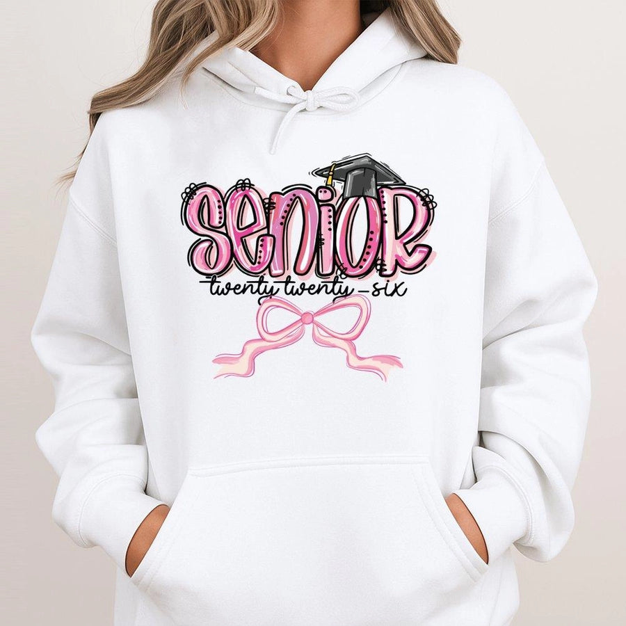 Senior 2026 Hoodie | Graduation Cap Bow Aesthetic Graphic | Premium Cotton Blend | Trendy Class of 2026 Senior Year Gift for Her