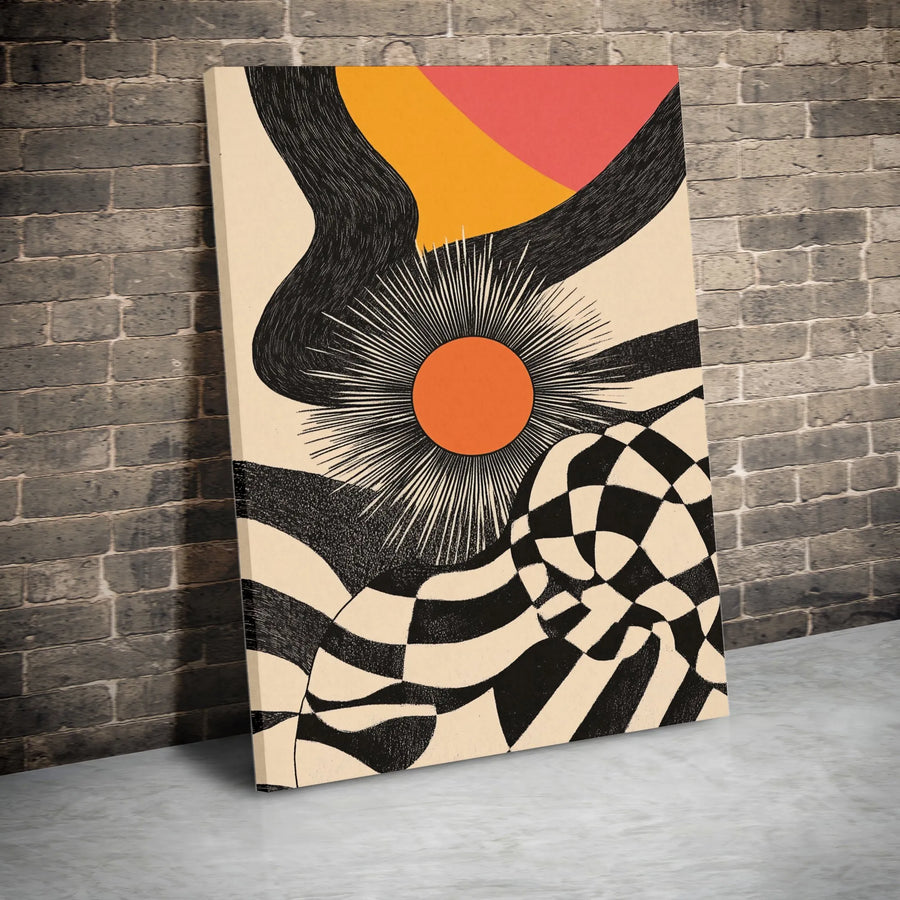 Mid Century Modern Abstract Sun Canvas | Wavy Checkerboard Sunburst Wall Art | Premium 1.25" Gallery Wrap | Boho Aesthetic Home Decor Gift
