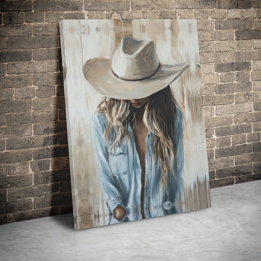 Cowgirl Canvas Wall Art | Rustic Western Painting With Cowboy Hat | Premium Gallery Wrapped Decor | Farmhouse Aesthetic Gift For Women