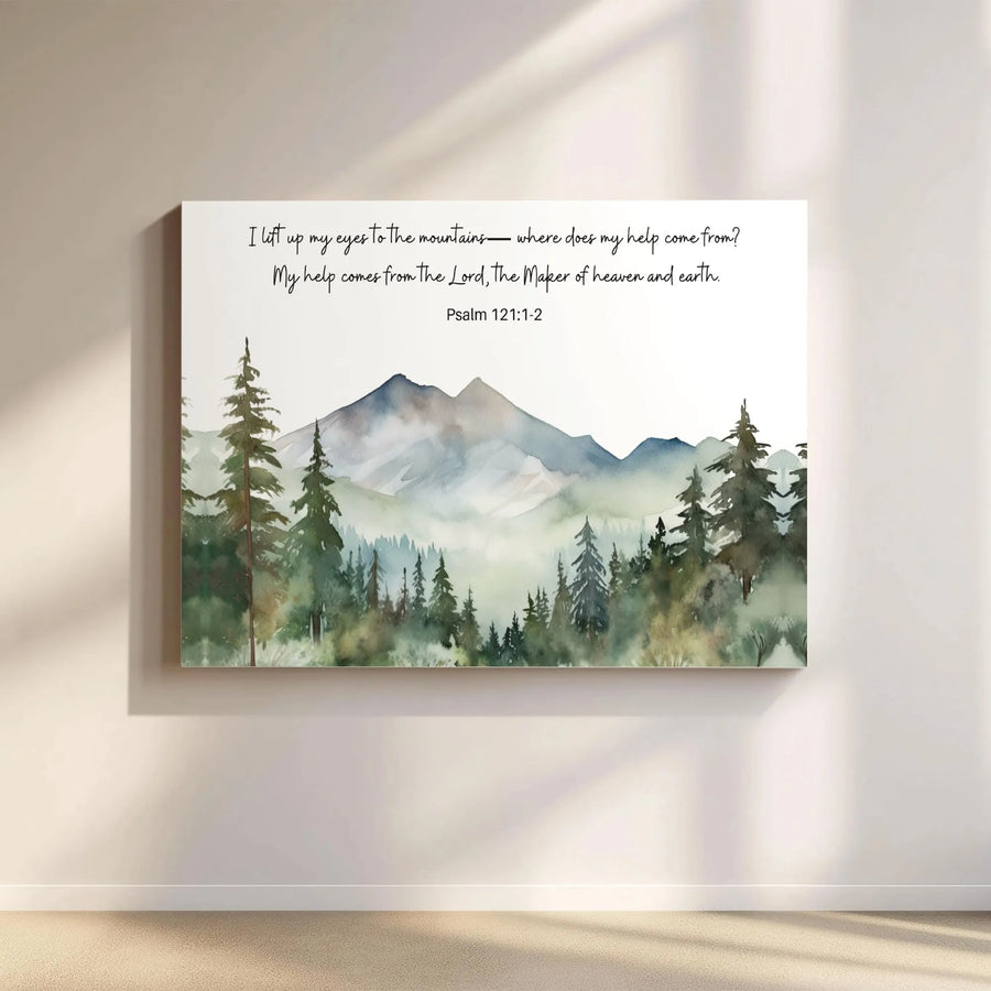 Psalm 121:1-2 Bible Verse Canvas Wall Art | Watercolor Mountain Landscape Print | 1.25 Inch Thick Premium Gallery Wrap | Christian Home Decor Gift