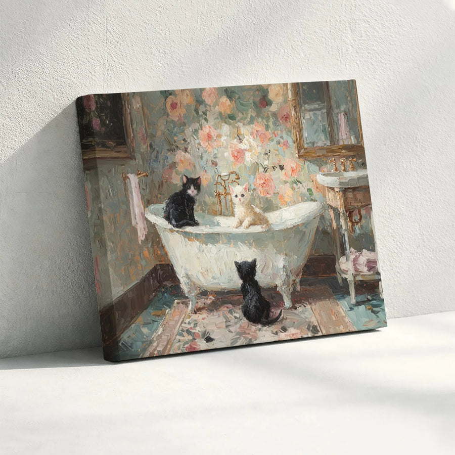 Kitten Wall Art Canvas | Vintage Bathroom Impressionist Painting | Premium Gallery-Wrapped Print | Cat Lover Home Decor Gift