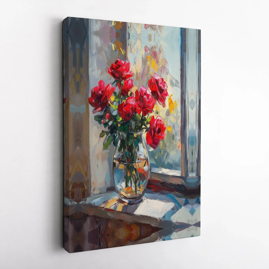 Red Rose Flower Canvas Print | Impressionist Still Life Painting | Gallery Wrapped Wall Art | Romantic Floral Home Decor Gift