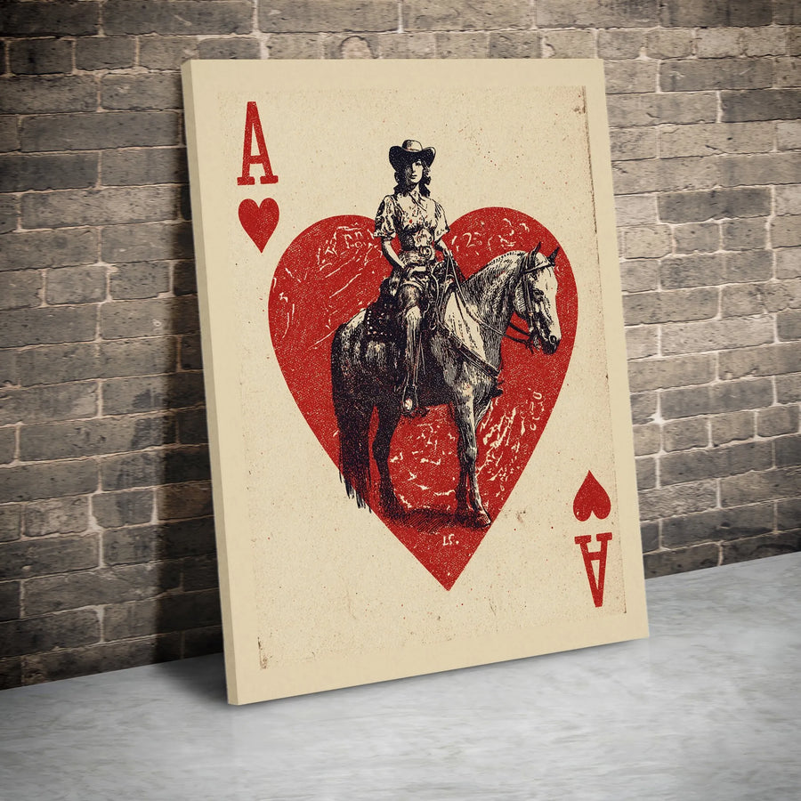 Cowgirl Ace of Hearts Canvas Art | Vintage Western Playing Card Print | Premium Gallery Wrapped Canvas | Rustic Home Decor Gift for Her