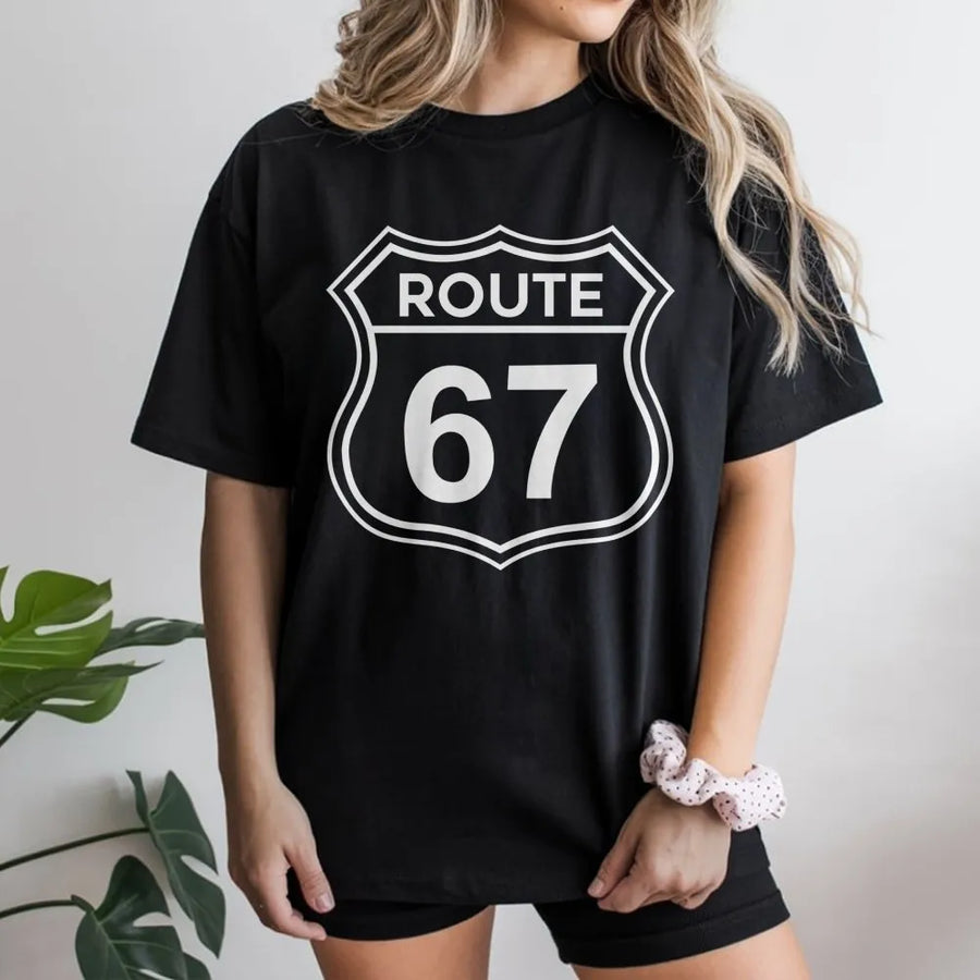 Route 67 T-Shirt | Classic Road Sign Graphic | Premium Cotton Unisex Tee | Funny Math Number Birthday Gift for Men and Women