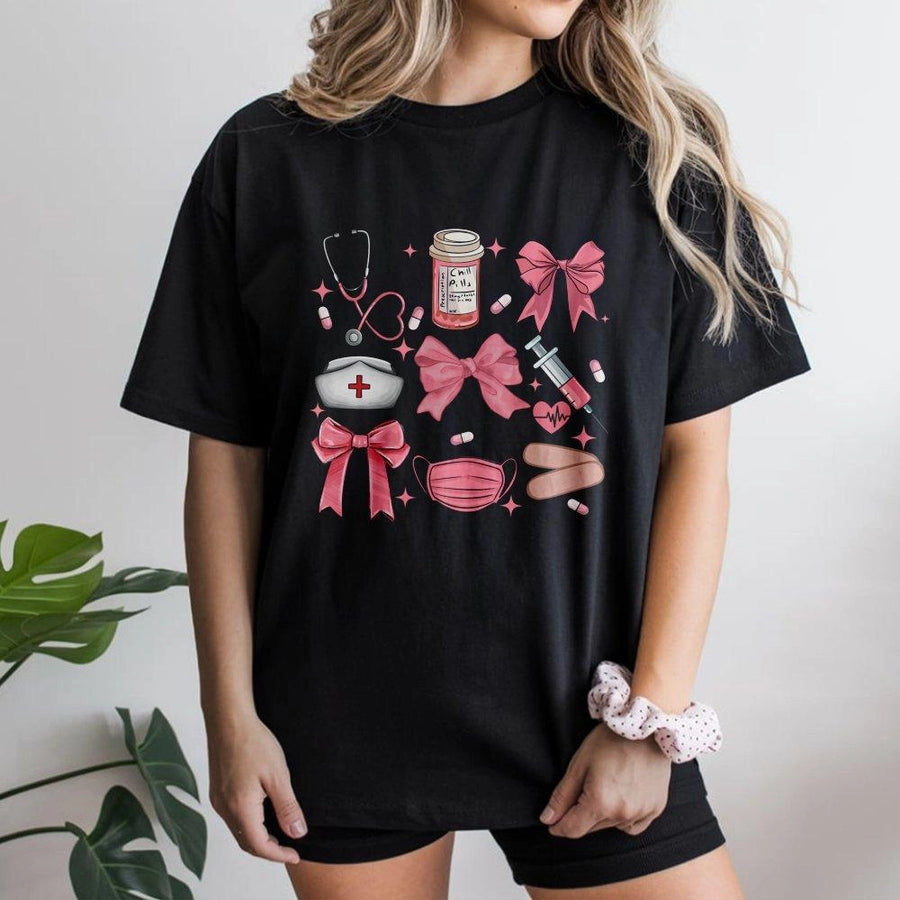 Coquette Bow Nurse T-Shirt | Pink Aesthetic Medical Graphic | Premium Cotton Soft Tee | Cute RN Nursing Student Graduation Gift