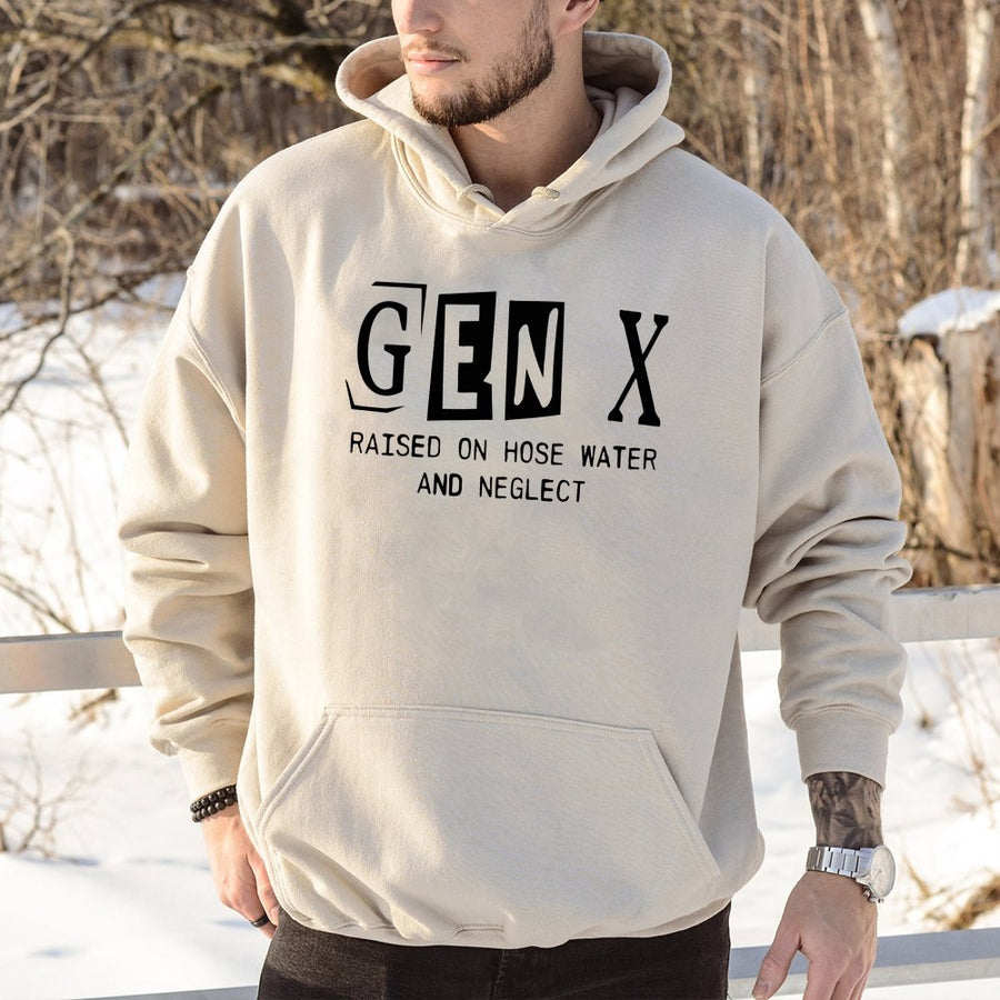 Gen X Hoodie | Raised On Hose Water And Neglect Graphic | Premium Cotton Blend Pullover | Funny 80s Childhood Nostalgia Gift For Gen X Men Women