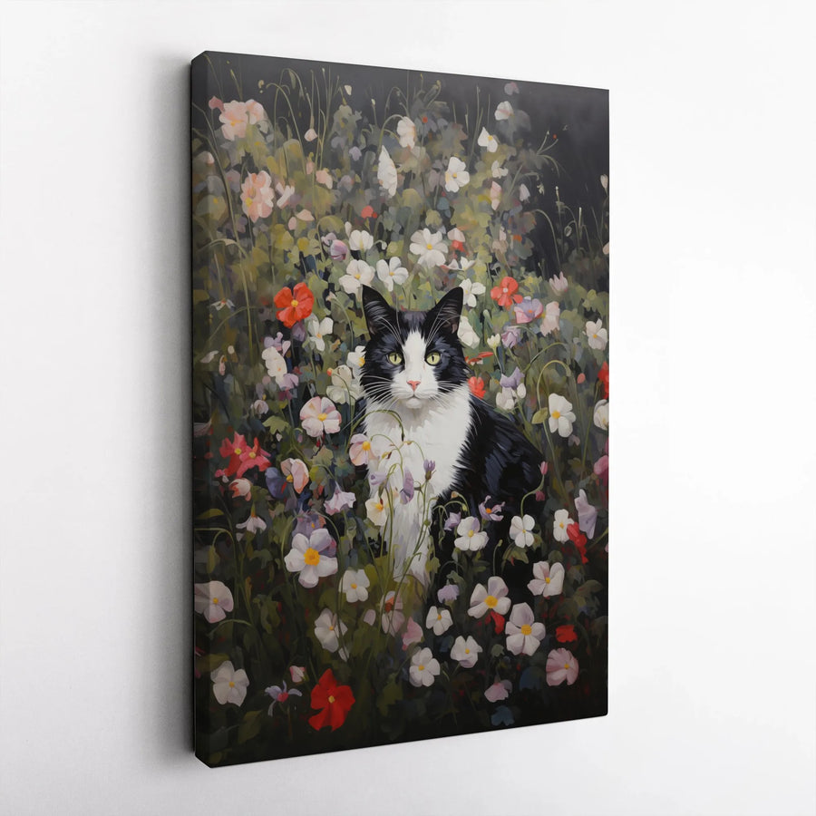 Tuxedo Cat Wall Art | Floral Garden Oil Painting Style | Premium 1.25-Inch Canvas Print | Artistic Home Decor Gift for Cat Lovers