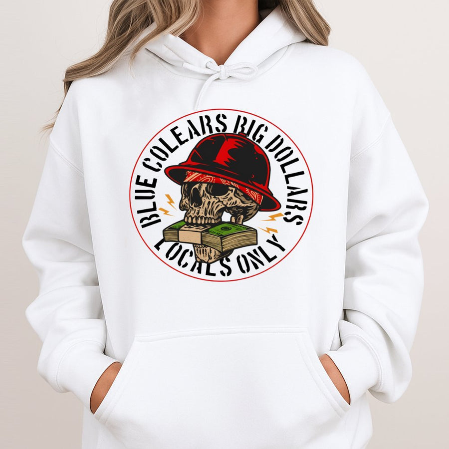 Blue Collar Hoodie | Hard Hat Skull With Money Graphic | Premium Cotton Blend | Gift For Tradesman Construction Worker