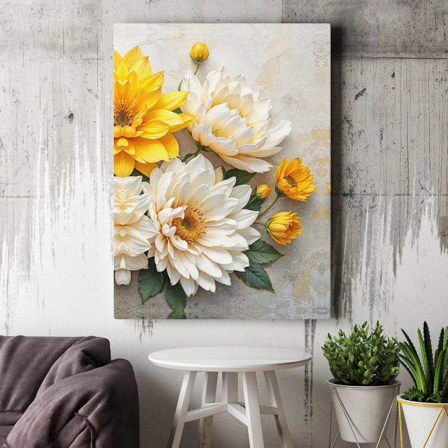 Yellow and White Dahlia Canvas Print | Textured Botanical Illustration | Premium Gallery Wrapped Canvas | Modern Farmhouse Living Room Decor Gift