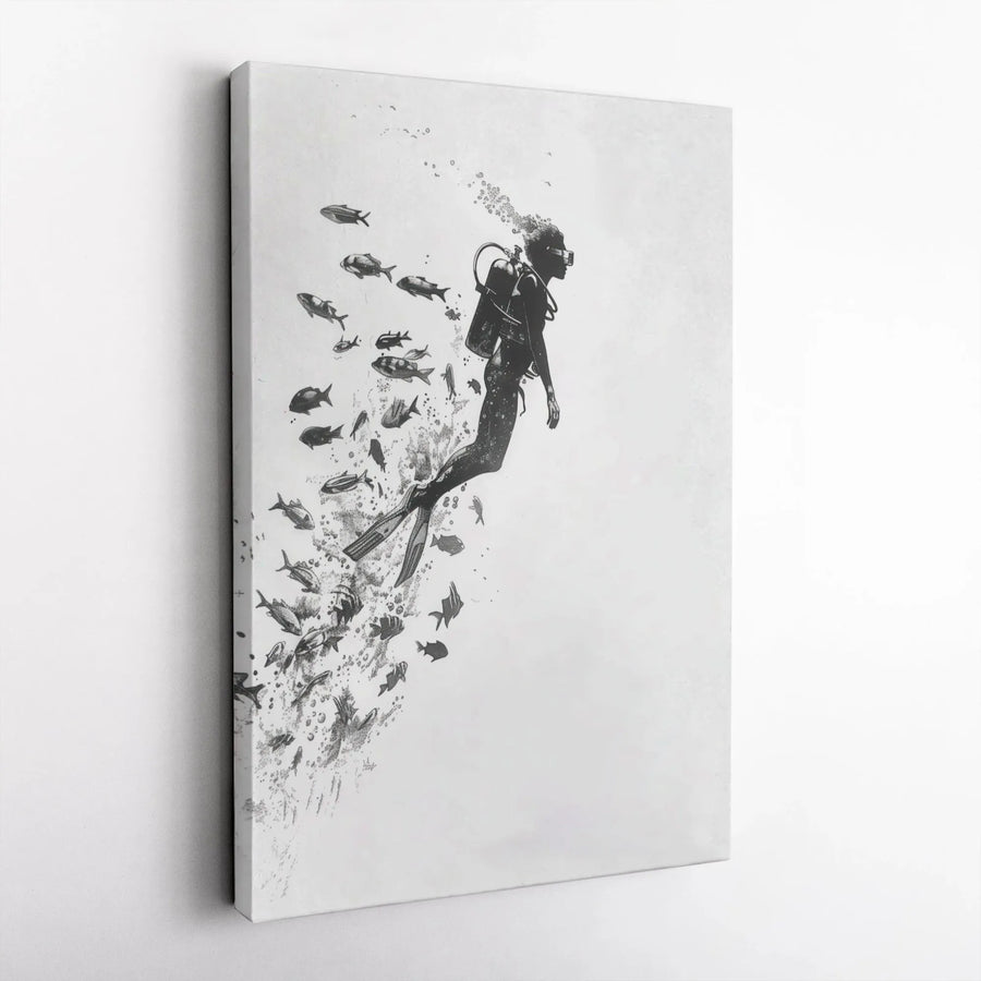Scuba Diver Canvas Wall Art | Black and White Ocean Sketch | 1.25-Inch Gallery Wrap | Gift for Scuba Divers and Ocean Lovers