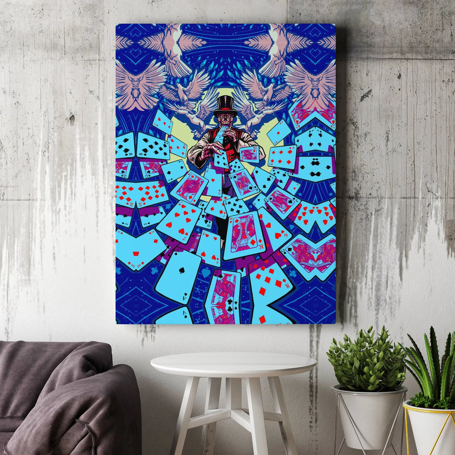 Magic Skeleton Canvas Print | Surreal Playing Card Magician | Premium Fade-Resistant Print | Gift for Poker Player, Game Room Decor