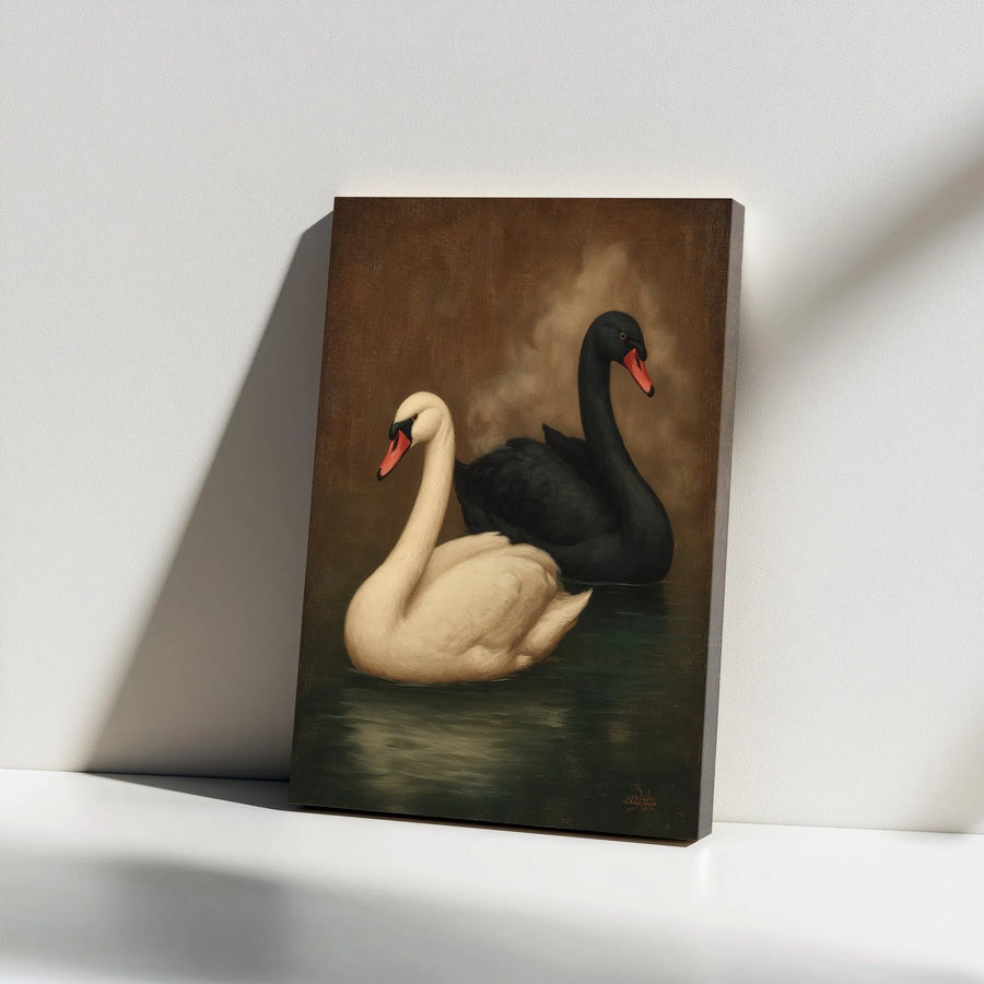 Vintage Swan Canvas Wall Art | Black and White Swans Oil Painting Print | Premium Gallery Wrapped Canvas | Moody Dark Academia Home Decor Gift