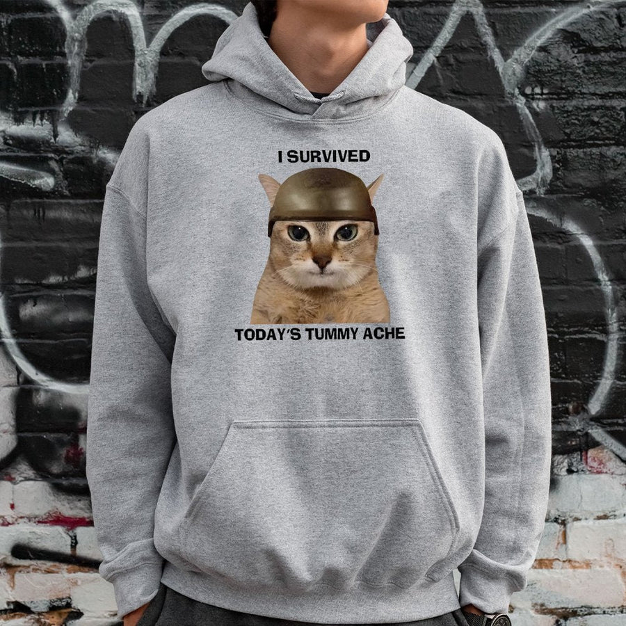 I Survived Today's Tummy Ache Hoodie | Funny Soldier Cat Meme Graphic | Premium Cotton Blend | Unisex Sarcastic Gift for Cat Lovers