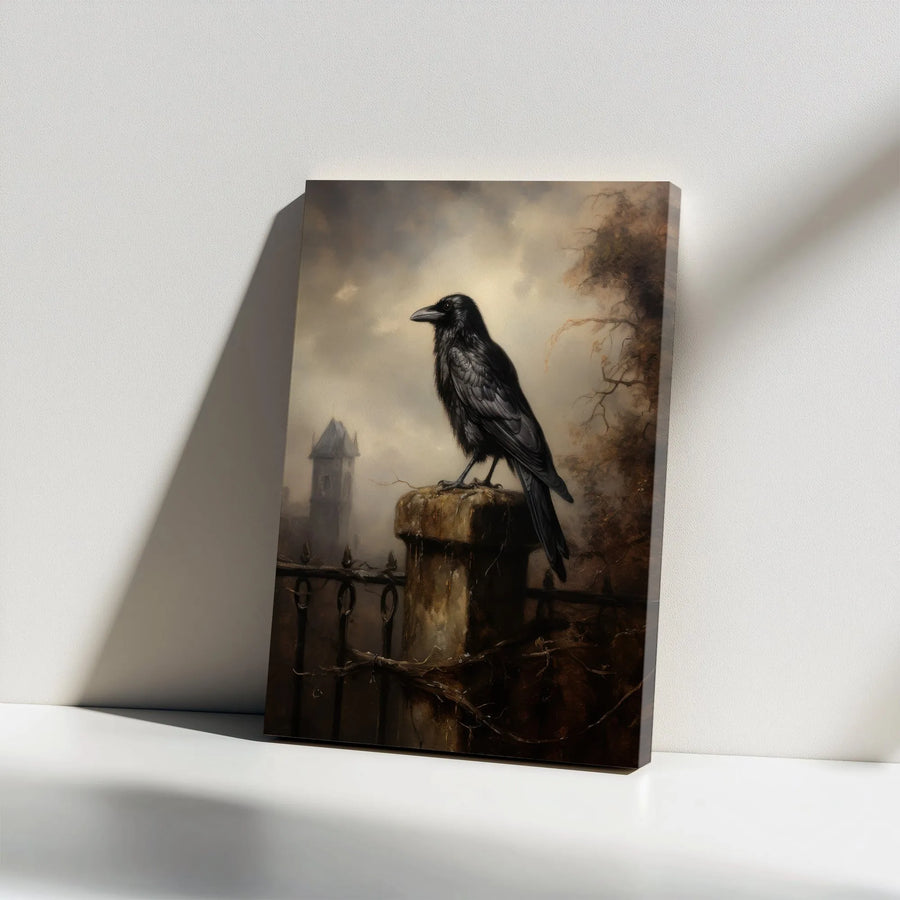Gothic Crow Vertical Canvas | Moody Perched Raven Painting Wall Art | Premium Thick Gallery Wrap Canvas | Dark Academia Home Decor Collector's Gift